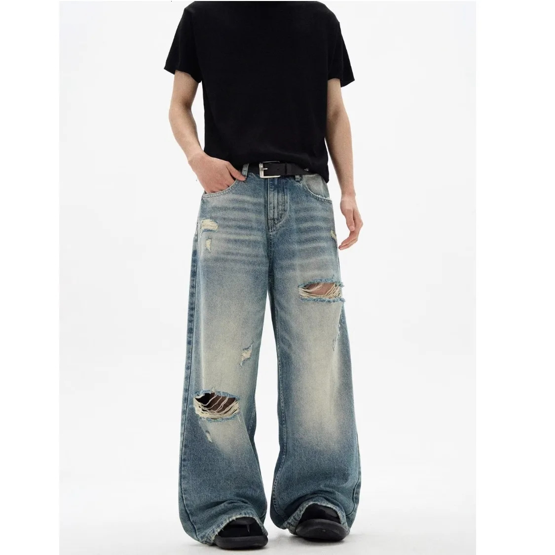 DM Mens Jeans Cat Whisker Ripped Summer Hole Stylish Loose Straight Wide Leg Male Casual Trousers 250618