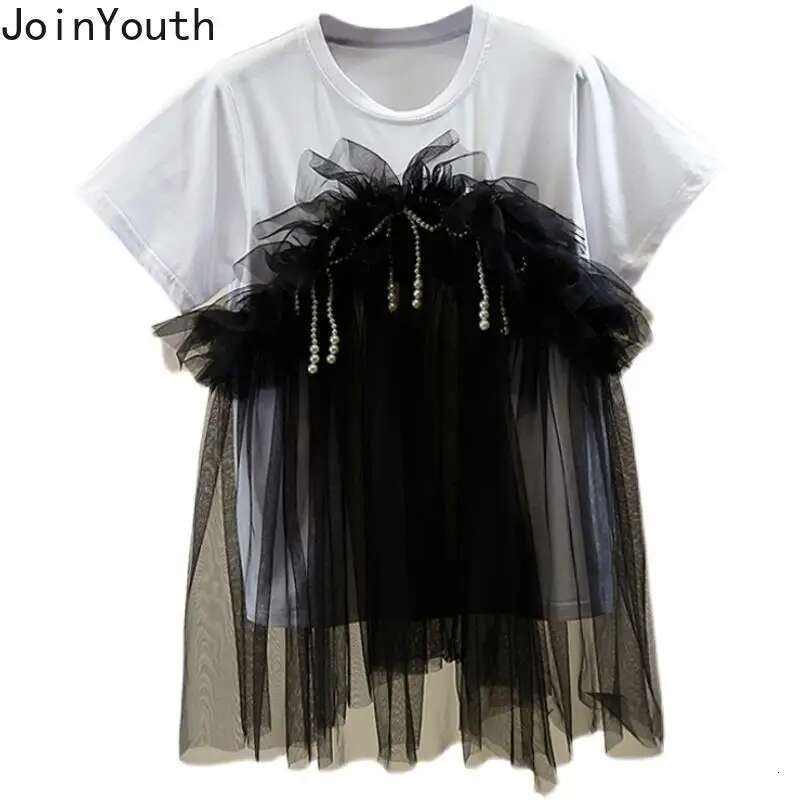 Women Clothing Summer T Shirts Short Sleeve O-neck Tees Fashion Fake Two Camisetas Patchwork Gauze Beading Ruffles Sweet Tshirt