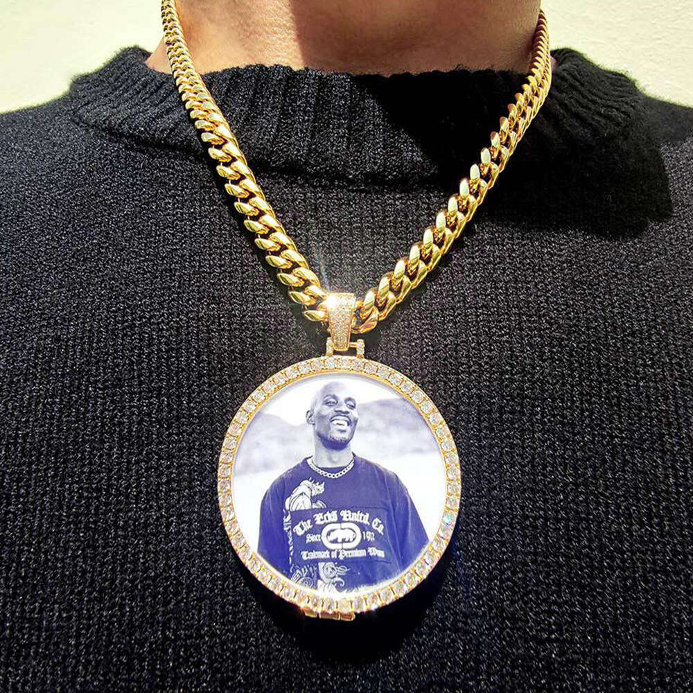 Pendant Micro Paved Zircon Trendy Flip Cover Round Photo Frame Necklace Hip Hop Accessories 2441