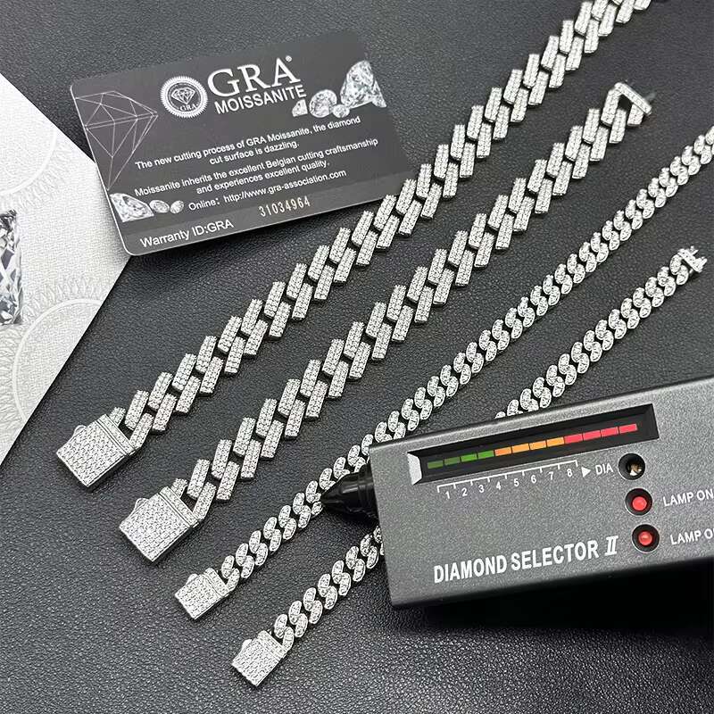 Cuban Link Chain 6mm-14mm S925 Sterling Silver Rhodium Plated VVS D Color Moissanite Bracelet Necklace Cuban Style Link Chain