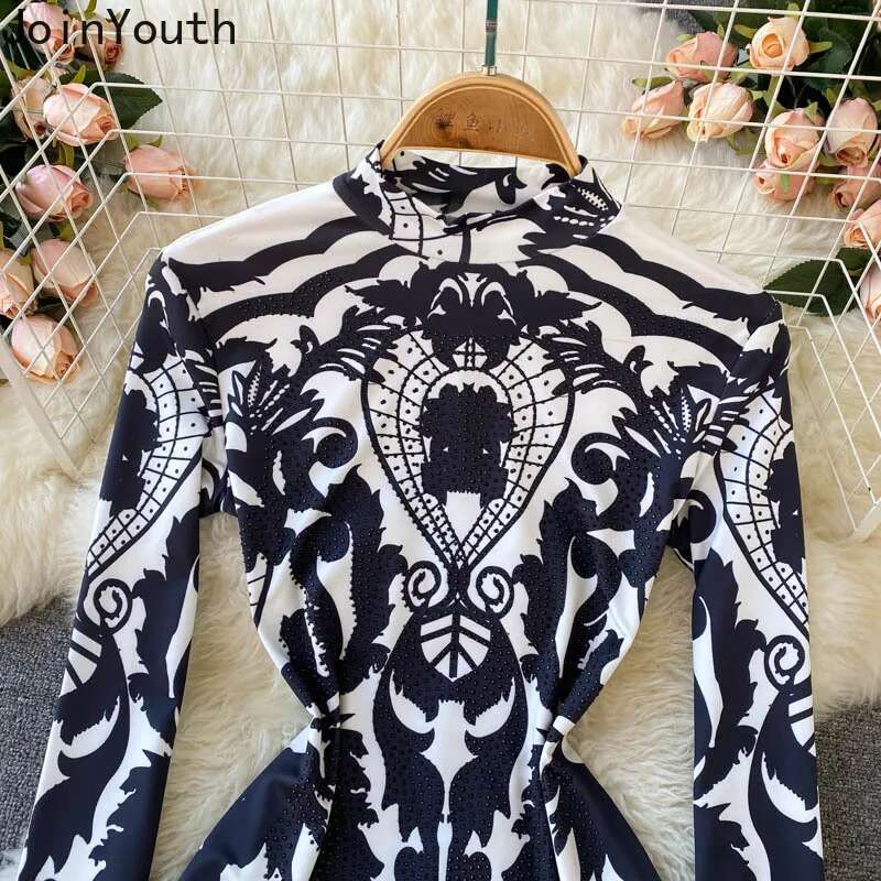 Print Sexy Jumpsuit 2025 Women Clothing Stand Neck Long Sleeve Tunic Bodysuit Fashion Romper Ropa Mujer Korean Playsuit Y2k Tops