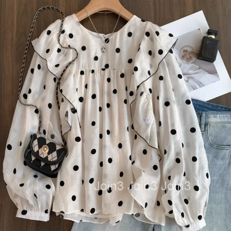 Polka Dot Blouses for Women O-neck Long Sleeve Loose Shirts 2025 Blusas Mujer De Moda Fashion Sweet Ruffles Summer Blouse Tops