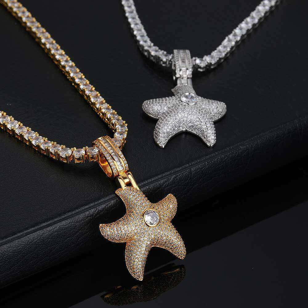 Hip Hop Micro Paved Zircon Pentagram Trendy Brand Personality Full Dia Starfish Pendant Men's Necklace 6c13
