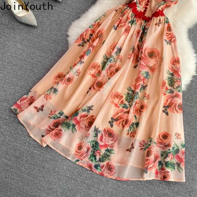 Sweet Summer Woman Dress 2024 Vestidos De Moda Fashion Floral Gauze Sling Robe Femme High Waist Backless Dresses Women Clothes