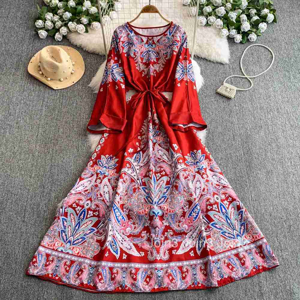 Floral Womens Dress Flare Sleeve Badnage Slim Waist Robe Femme 2025 Vestidos De Mujer Summer Elegant Big Swing Maxi Dresses