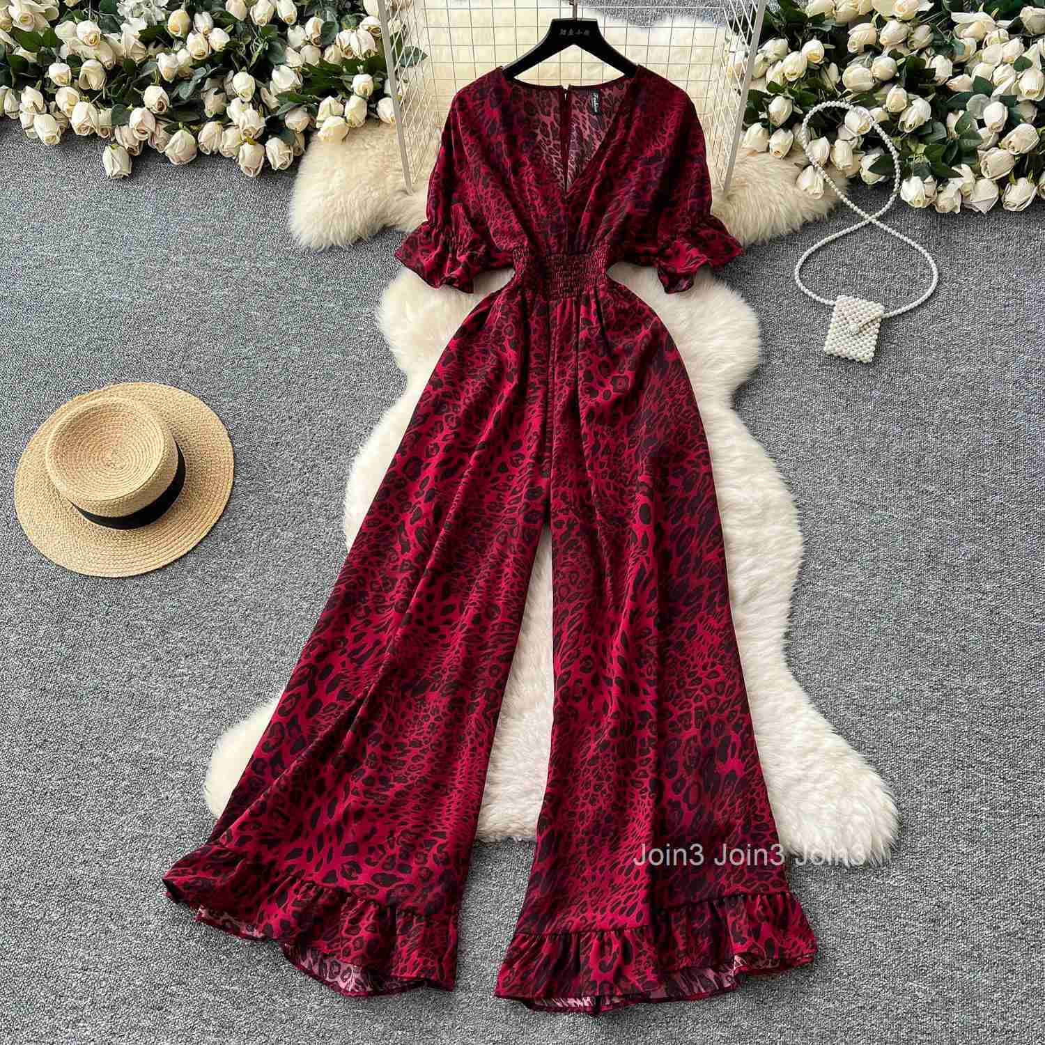 Floral Jumpsuit Womens Clothing V-neck Short Sleeve Elastic Waist Wide Leg Pants Bodysuit Chic Vintage Rompers Summer Playsuit