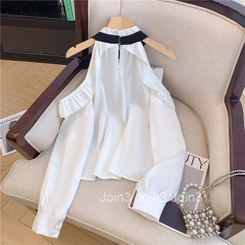 Camisas De Mujer 2025 Korean Blouse for Women Long Sleeve Off Shoulder Bandage Bow Sweet Shirts Loose Ruffles Bow Summer Tops