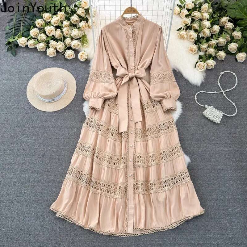 2025 Vestidos De Mujer Elegant Dresses for Women Slim Waist Lantern Sleeve Big Swing Robe Femme Patchwork Lace Maxi Dress 63c585