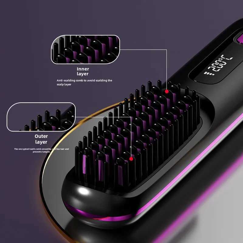LCD Straight Hair Comb Portable Travel Hair Straightener Anti-Scald Heated Styling Brush USB Charging Cordless Hair StraightenerXJ250621