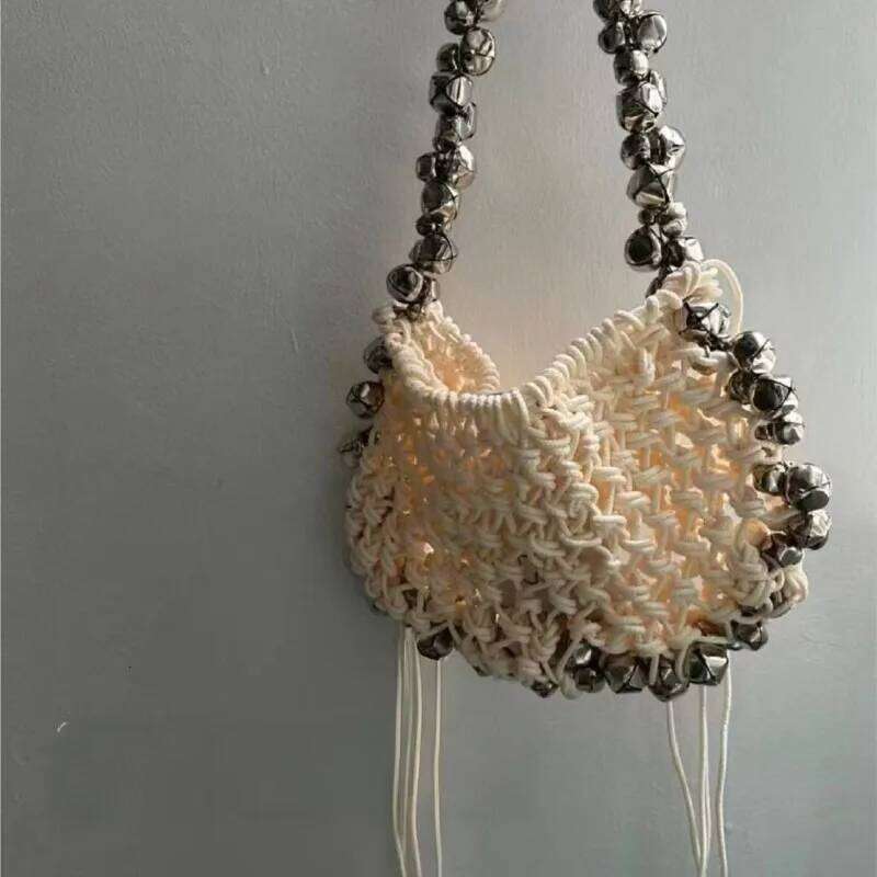 Women Bell Bucket Handba Hand Woven Net Evening Wedding Party Clutch Purse Crossbody Bag