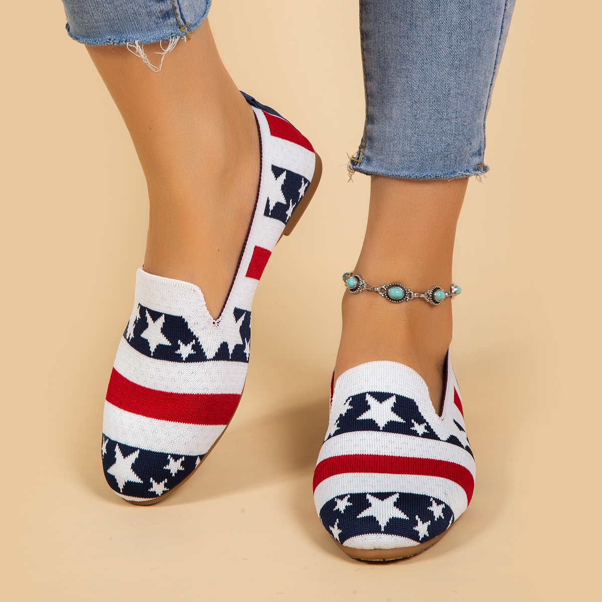 Luxury Brand Designer Shoes Sandals Foreign Trade Cross-Border Plus Size Women's Shoes Striped Star Wish Amazon New Slip-On Casual Women's S