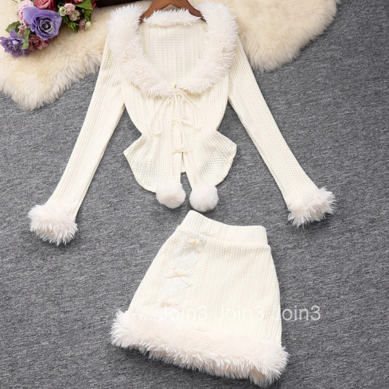 Knitted 2 Piece Sets Womens Outfits Roupas Femme Furry O-neck Bandage Sweater Bow Bodycon Mini Skirt Suit Fashion Korean Set
