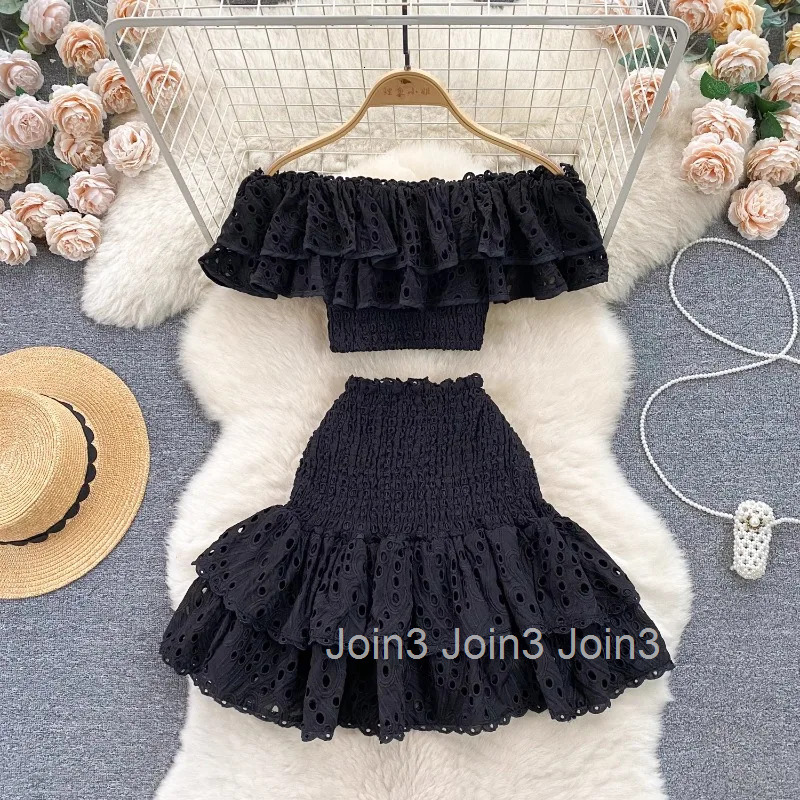 Women Clothing Summer Suit 2 Piece Sets Slash Neck Ruffles Crop Tops Bodycon Mini Skirt Outfits Hollow Out Folds Sweet Chic Set
