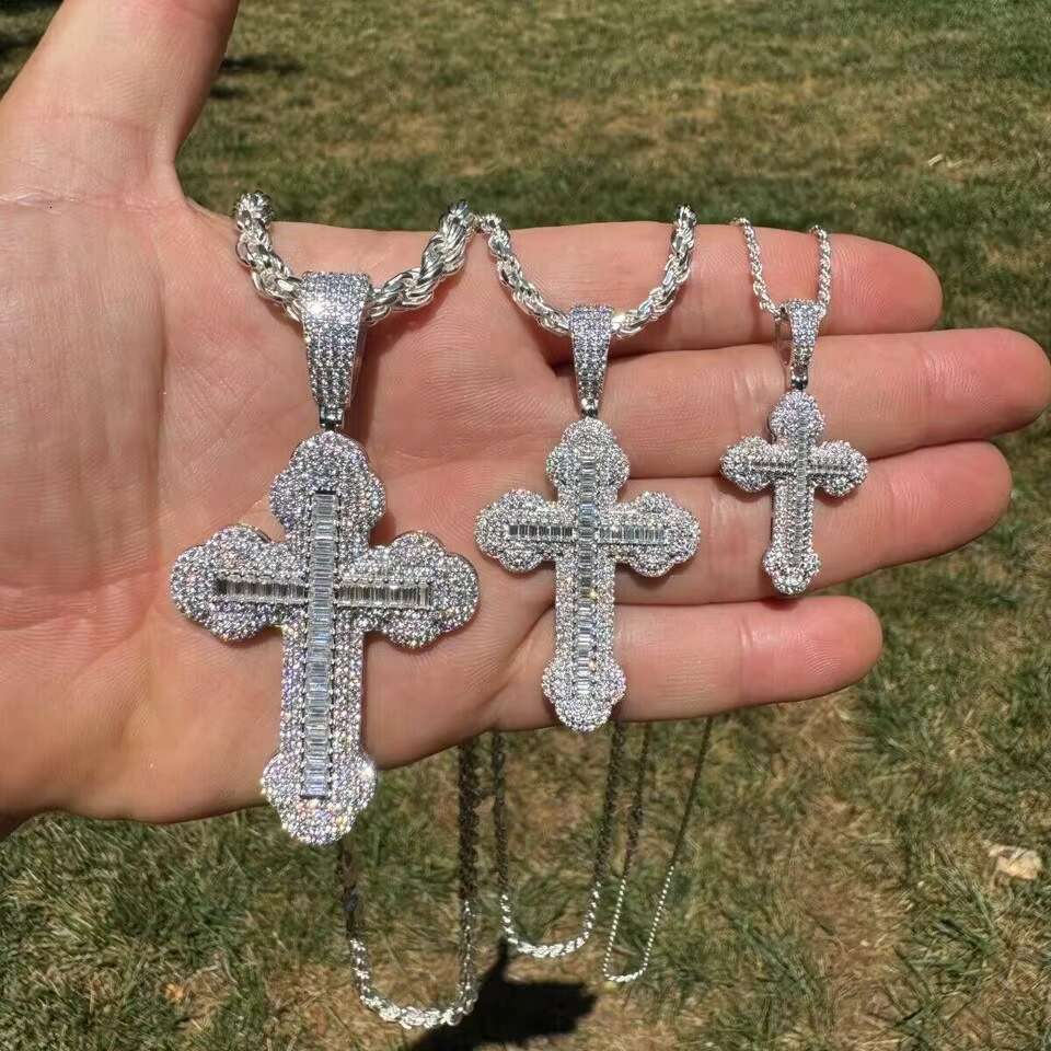 Solid 925 Sterling Silver Gothic Iced Out Cross Pendant Moissanite Baguette Hip Hop Diamond Jewelry Unisex Gift Idea