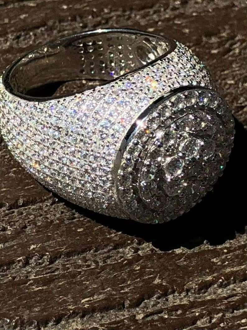 Mens Iced Out Moissanite Round Hip Hop Rapper Pinky Ring Solid 925 Sterling Silver Sizes 7 to 11 PASSES DIAMOND TESTER