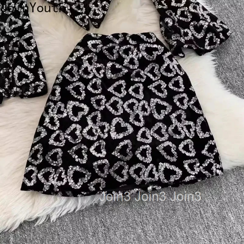 2 Piece Sets Womens Outfits Korean Clothing V-neck Flare Sleeve Irregular Tops Bodycon Mini Skirt Suit Fashion Sequin Sexy Set