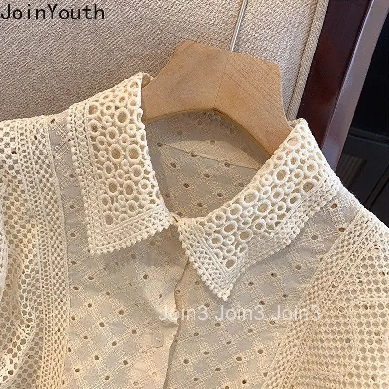 Crop Tops Women Shirt 2025 Blusas Mujer De Moda Hollow Out Patchwork Lace Long Sleeve Blouse Ruffles Chic Korean Sweet Blouses