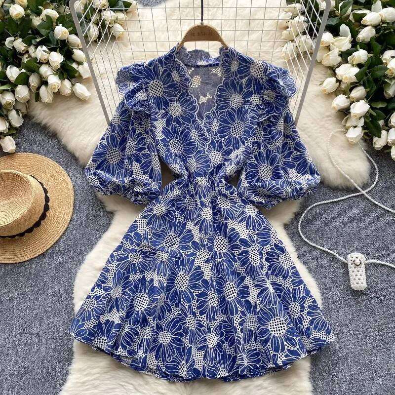 Retro V Neck Lantern Short Sleeves Embroidered Elegant Summer Slim Dresses A-Line French Vacation Print Women Clothing