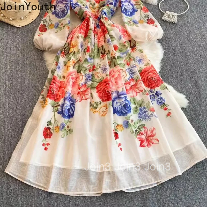Elegant Floral Dress for Women 2025 Vestidos De Mujer V-necklantern Sleeve A-line Robe Femme Vintage High Waist Maxi Dresses