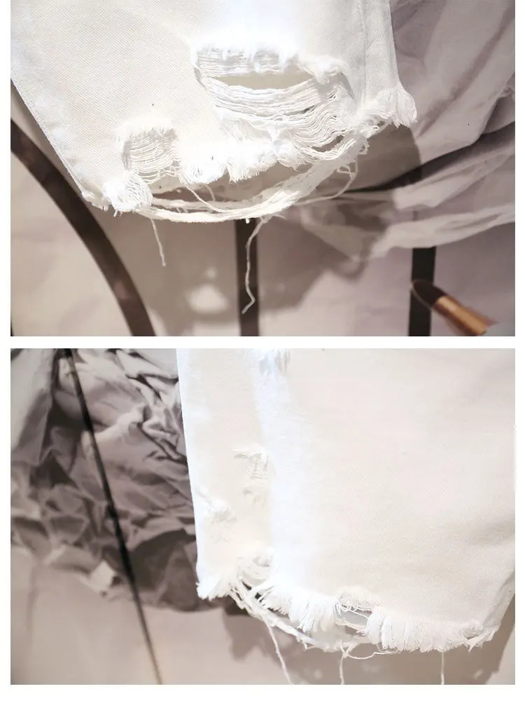 Summer Fashion Cropped Mens Tattered Ripped Shorts Loose Straight Casual White Denim Pants Streetwear Men Boyfriend Jeans 250617