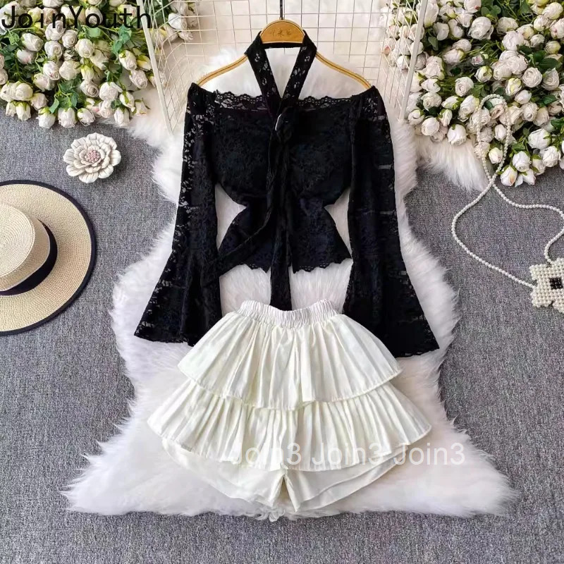 Shorts Outfits Women Clothing Two Piece Sets Slash Neck Flare Sleeve Lace Shirt High Waist Ruffles Shorts Suit Fashion Sexy Set