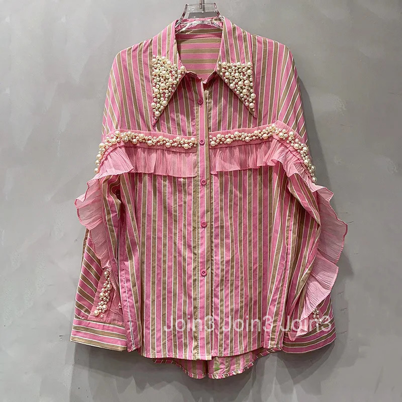 2025 Blusas Mujer De Moda Chic Striped Blouses Womens Clothing Long Sleeve Heavy Beading Loose Shirts Ruffles Sweet Blouse Tops