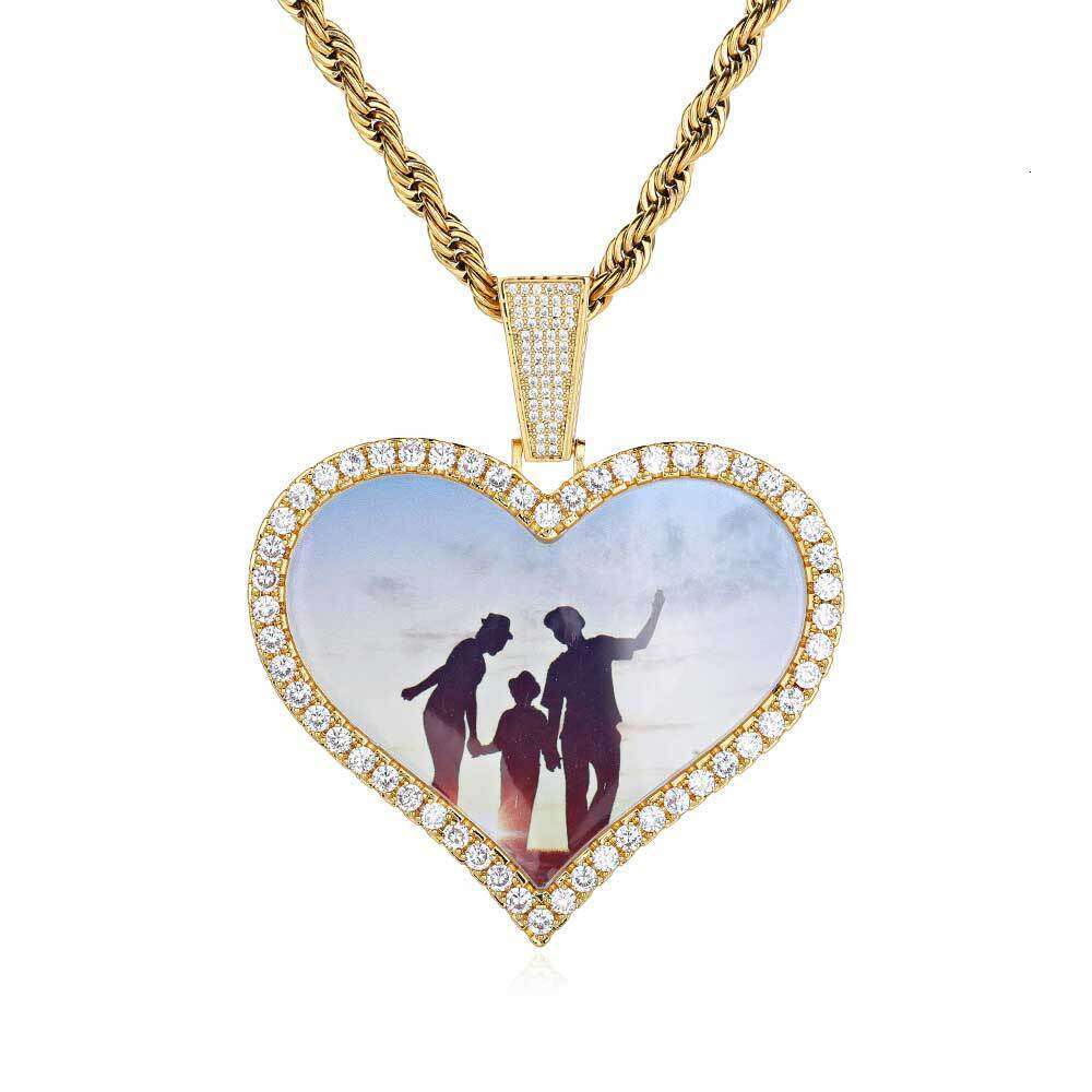 Hip Hop Jewelry Large Heart Photo Frame Pendant Trendy DIY Zircon Men's Necklace 54ee