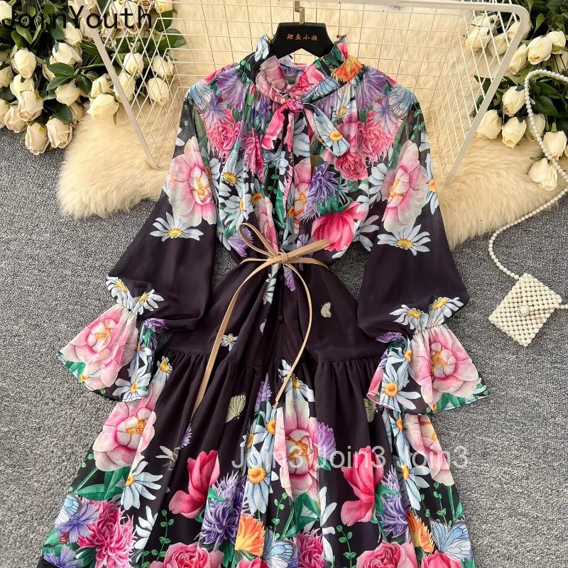 Vintage Maxi Dress Women Clothes Bandage Bow Single Breasted High Waist A-line Robe Femme Patchwork Lace Floral Summer Dresses