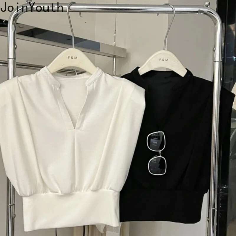 T Shirts for Women Crop Tops Flying Sleeve V-neck Tees Fashion Summer Camisetas Casual Loose White T-shirts 2025 Ropa Mujer