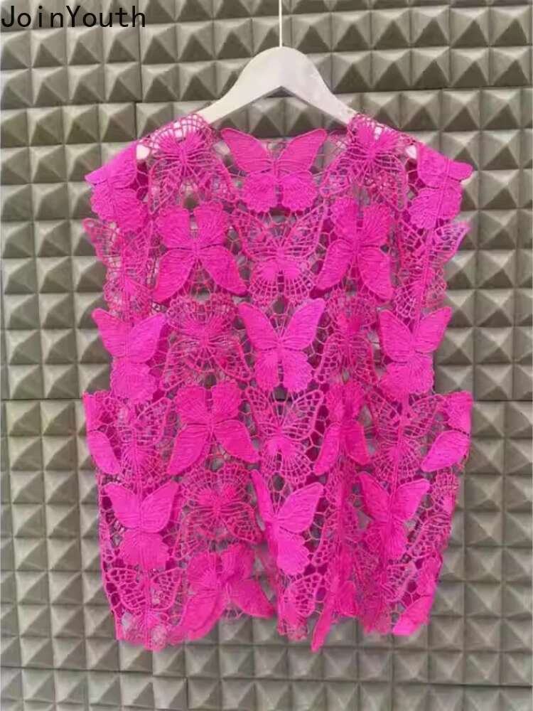 Sexy Vest Crop Tops 2025 Women Clothing Sleeveless Sweet Butterfly Embroidery Camis O-neck Hollow Out Summer See Through Tanks