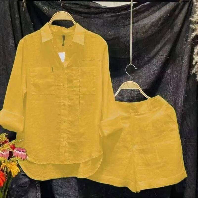 Designer Leisure High Quality Summer Cotton Linen Casual Home 2 Set For Women 2024 Fashion White Long Sleeve Shirt And Shorts Two Piece Sets Tracksuit
