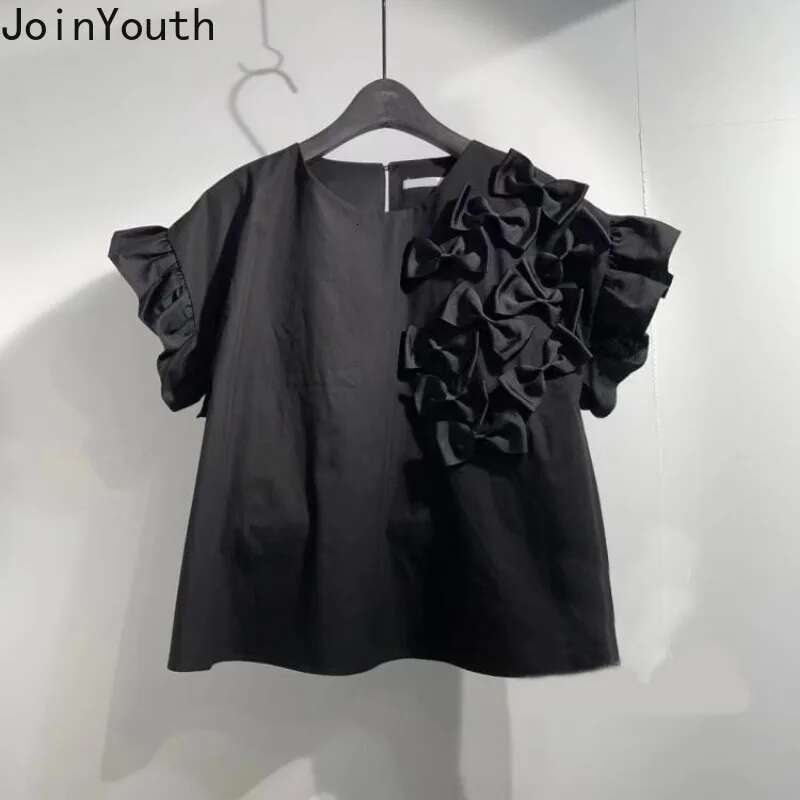 White T Shirts for Women 2025 Ropa Mujer Sweet 3D Bow Summer Tees Cute Crop Tops O-neck Short Sleeve Ruffles Fashion Y2k Tshirt