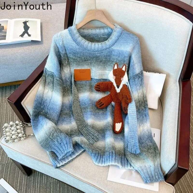 Anime Sweater Women Winter Clothing Korean Jumper Sueter Mujer O-neck Thicked Knitted Pullovers Tops Fashion Striped Pull Femme