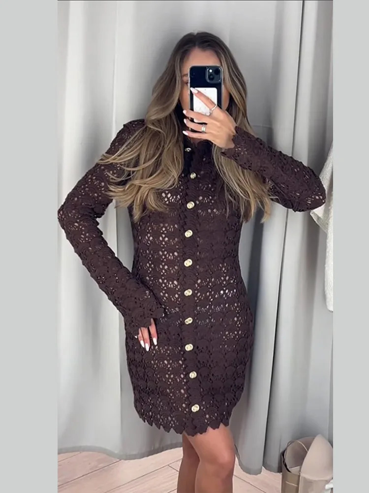 Chocolate Brown Hollow Out Crochet Mini Dress Women Polo Collar Hip Package Beach Dress Lady Chic Long Sleeve Knitted Dresses 250617