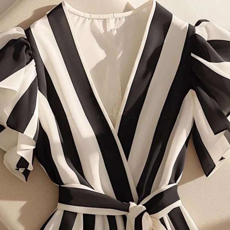 Summer Womens Tops Temperament Blouses for Women 2025 Camisas De Mujer V-neck Slim Fit Shirts Ruffles Striped Vintage Blouse