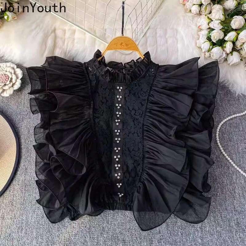 Camisas De Mujer Summer Blouses 2025 Womens Clothing Stand Neck Patchwork Lace Ruffles Shirts Temperament Korean Blouse Tops