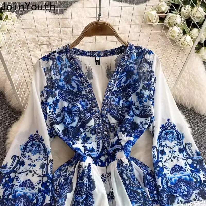 2025 Vestidos De Mujer Floral Dresses Women V-neck Slim Waist Lace Flare Sleeve Robe Femme Vintage Big Swing Elegant Maxi Dress