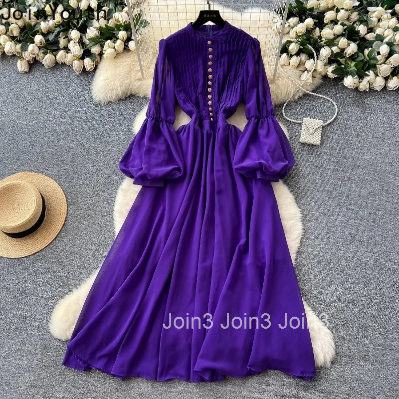 2025 Vestidos De Mujer Vintage Lantern Sleeve Dress Womens Clothing Single Breasted Slim Waist High Waist A-line Maxi Dresses