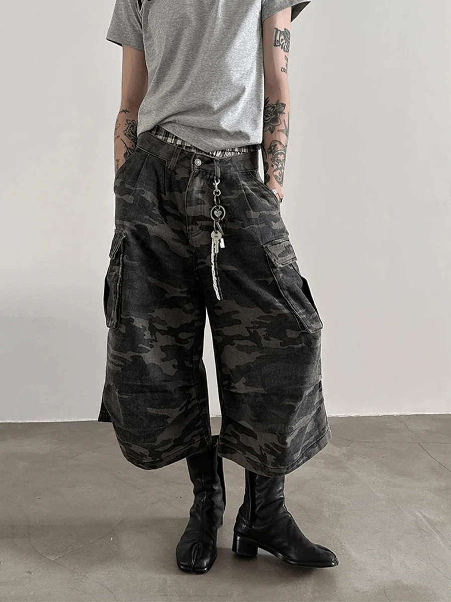 REDDACHiC Men Camouflage Denim Shorts Distressed Vintage Pleated Wide Leg Multi-pocket Cargo Jeans Jorts Hip Hop Punk Streetwear 250617