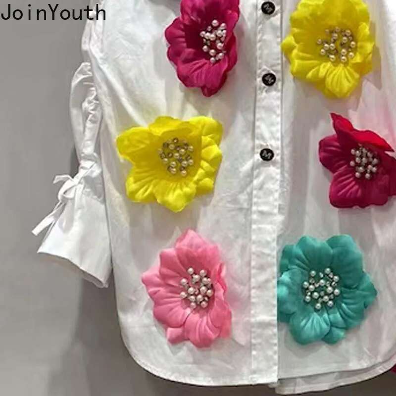 Sweet 3D Floral Blouses 2025 Women Clothing Camisas De Mujer Long Sleeve Chic Beading Shirts Loose Temperament White Blouse Tops