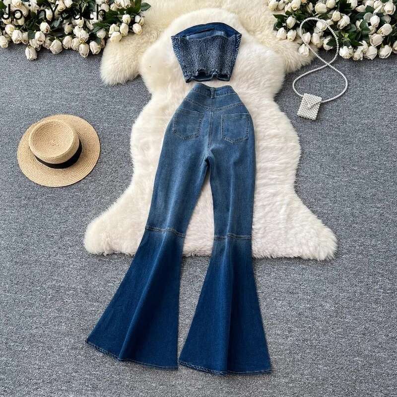Summer Women Clothing Denim Two Piece Sets Backless Vest Crop Tops Tunic Flare Pants Outfits Chic Sexy Y2k Suit Korean Outfits