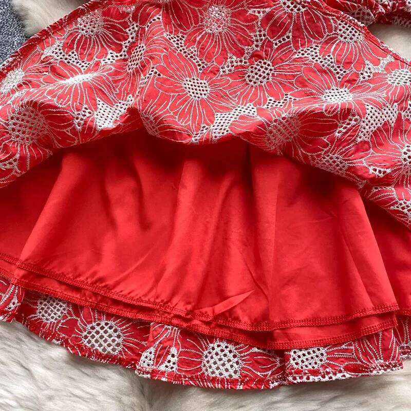 Retro V Neck Lantern Short Sleeves Embroidered Elegant Summer Slim Dresses A-Line French Vacation Print Women Clothing