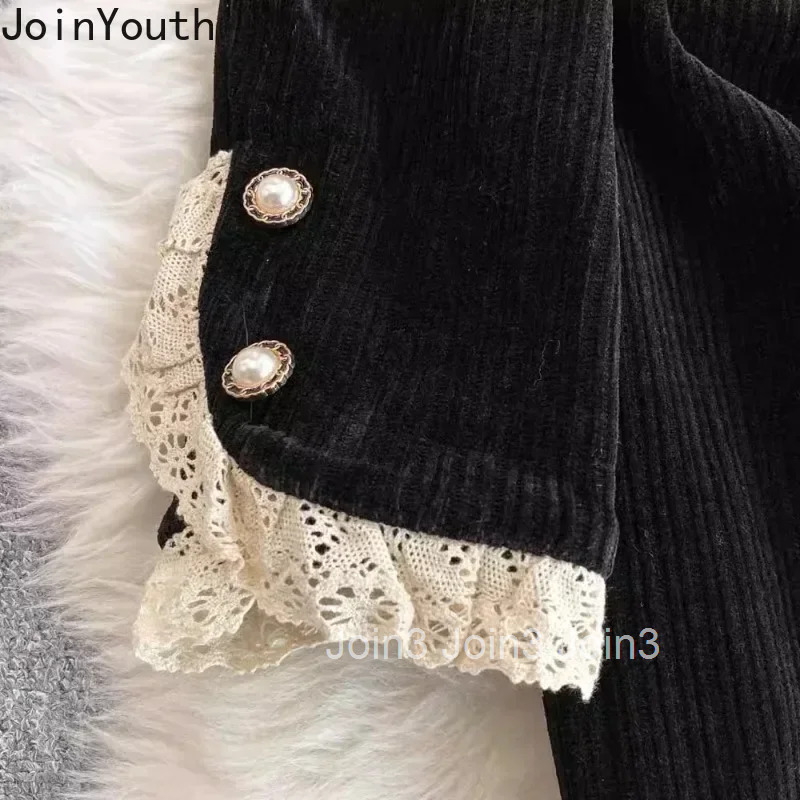 Black Fake Two Dresses Women V-Neck Slim Fit Robe Femme 2025 Vestidos De Mujer Patchwork Lace Elegant Vintage Corduroy Dress