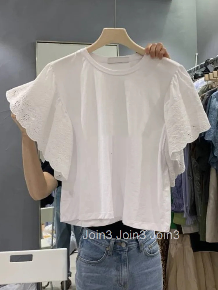 Shirts for Women Fashion Korean T Shirts Patchwork Lace Flying Sleeve Tees 2025 Ropa Mujer Y2k Tops Casual Summer Crop Tshirt