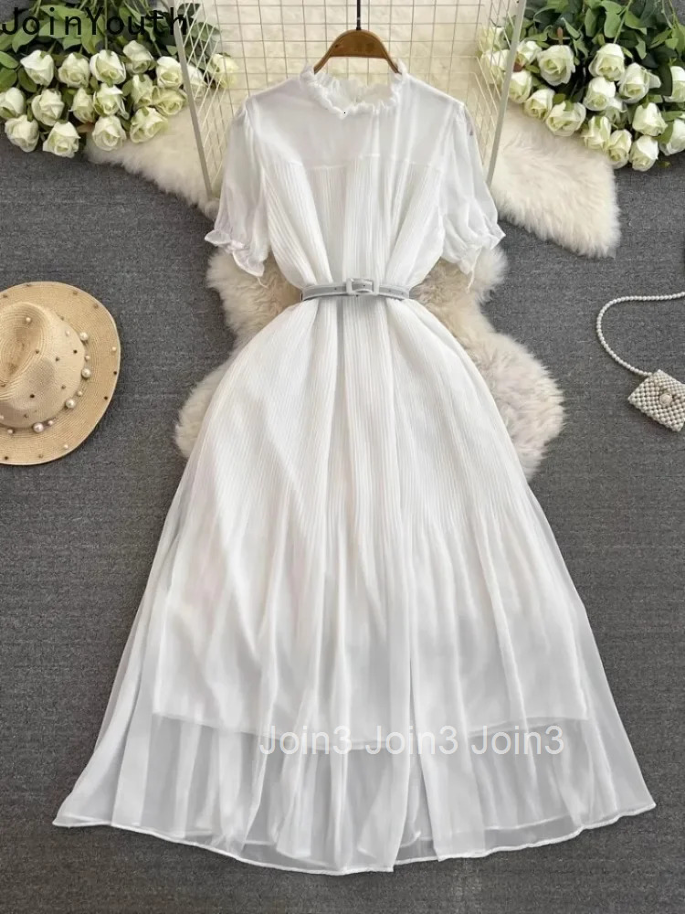 Elegant Vintage O-neck Chiffon Dresses Summer New Black Dress for Women Y2k Mid-length Slim Waist Korean Vestidos De Mujer 2025