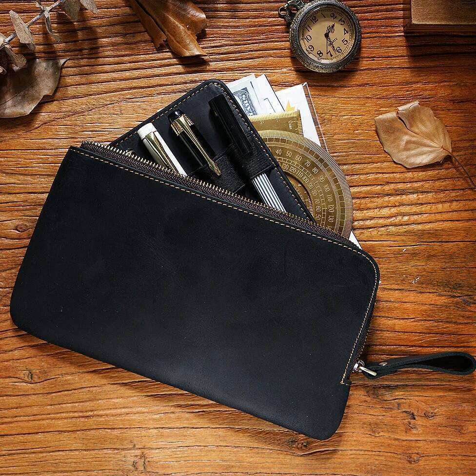 Handmade Zipper Case Leather For Men Women Holder Pouch Vintage Pen Box Organizer Boys Girls School Student Stationery