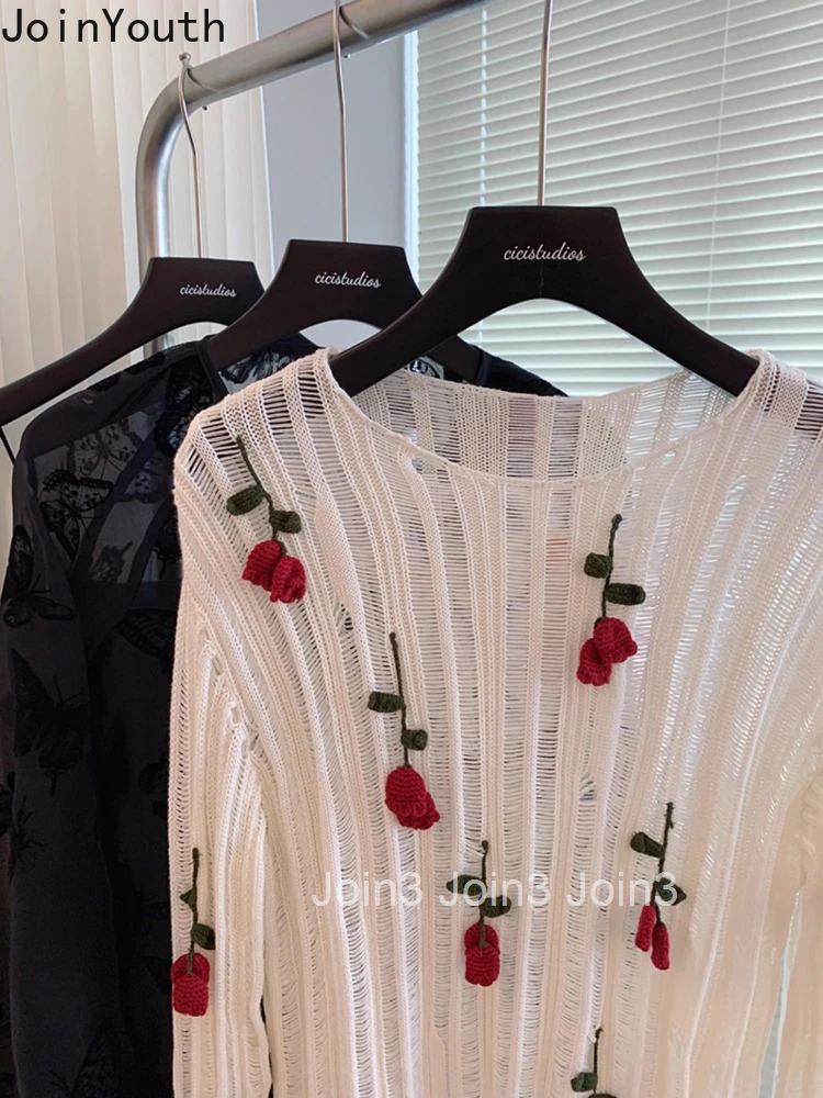 Korean Sueter Mujer Knit Thin Pullovers 2025 Women Clothing O-neck Long Sleeve Floral Pull Femme Embroidery Hollow Out Sweater