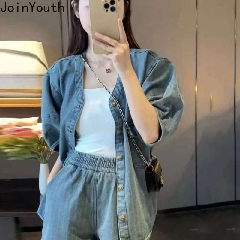 Streetwear Fashion 2 Piece Sets Women Clothing Denim Outfits Oversized Blouses High Waist Wide Leg Pants Suit Vintage Casual Set