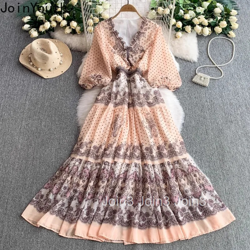 Elegant Print Dress Women V-neck Ruffles Lantern Sleeve Robe Femme 2025 Vestidos De Mujer Vintage Big Swing Summer Maxi Dresses