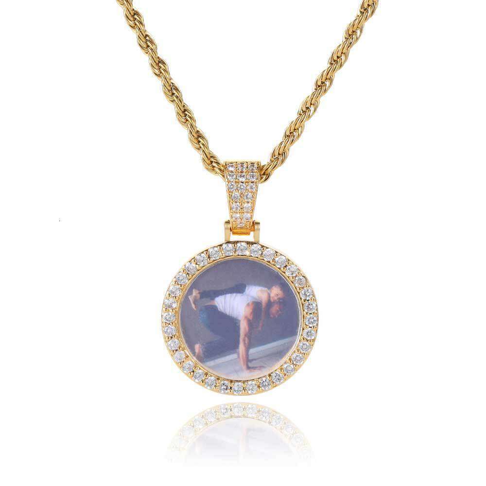 Unique Creative Mini Small Round Photo Pendant Micro-Paved Zircon Hip-Hop Frame Necklace 40bd